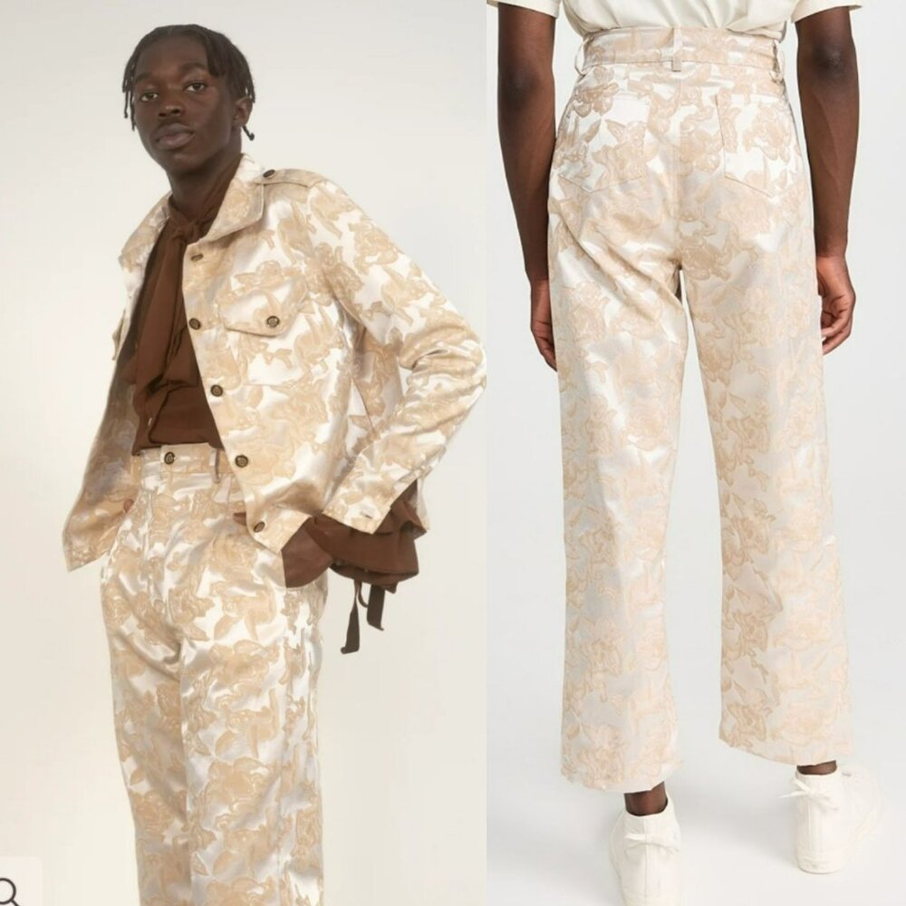 House of AAMA $550 Mens Easter Cherub Pants Tan Creme Jacquard Maximalism Loud - Picture 2 of 15
